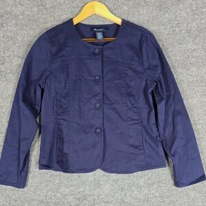 DENIM&CO Navy Blue Button Front Collarless Jacket Women‎ Size S Cotton Blend
